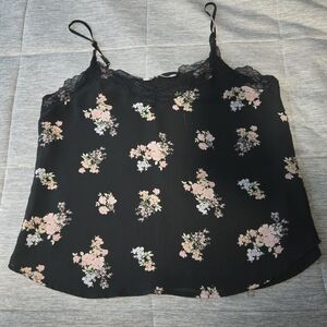 Floral Lace Trim Camisole Top - Black and Pink